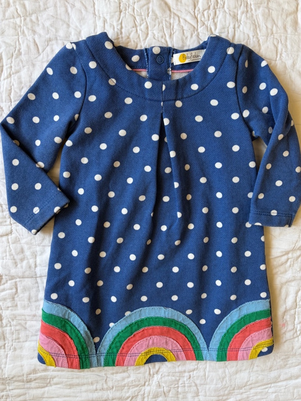 Baby Boden Knit Dress with Embroidered Rainbow Hem Detail, 6-9 months